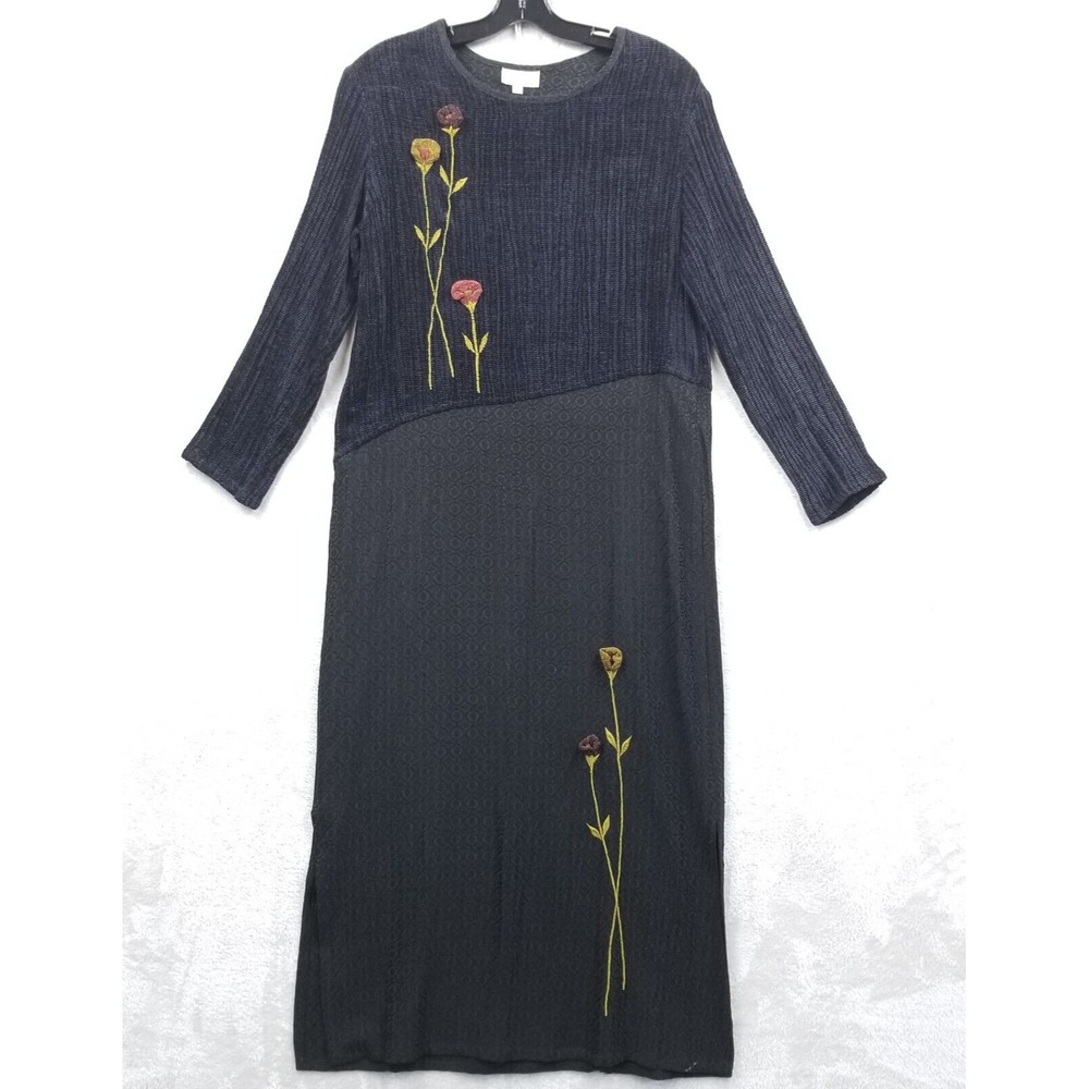 Vtg Maxi Dress Women S Black Chenille Long Sleeve Hippie Witchy Dark Fairy‎ Goth